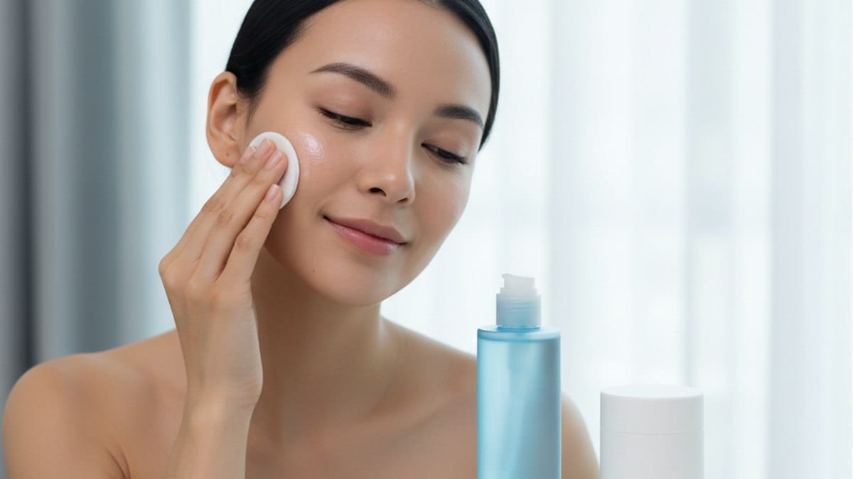 Água Micelar: A Tecnologia Inteligente que Limpa, Demaquila e Trata sem Agredir 5 Mulher usando água micelar com algodão para limpeza facial suave e remoção de maquiagem