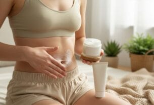 mulher aplicando creme antiestrias no corpo para tratar estrias