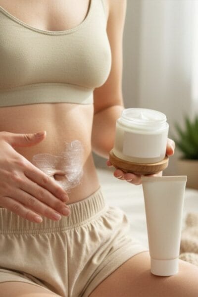 mulher aplicando creme antiestrias no corpo para tratar estrias