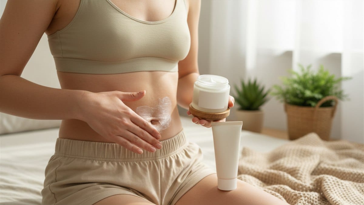 Como Tratar Estrias no Corpo: 5 Ativos que Realmente Funcionam 1 mulher aplicando creme antiestrias no corpo para tratar estrias
