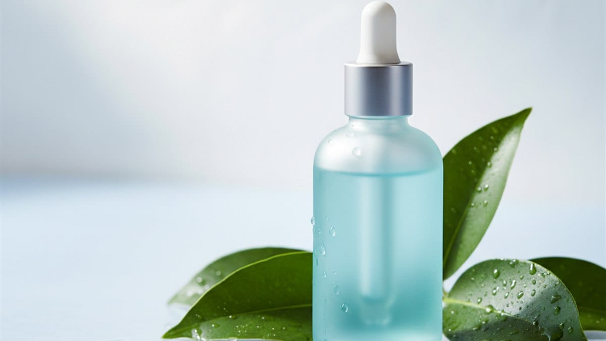 Tônico Capilar para Crescer Cabelo: Como Ter Fios Fortes e Saudáveis 2 Frasco de tônico capilar com pipeta sobre bancada clean com folhas verdes, produto para crescimento do cabelo