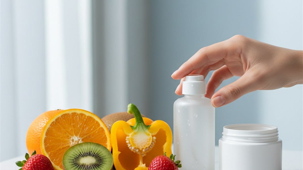 Colágeno para pele: qual tipo escolher, como tomar e quando ver resultado 6 Frutas ricas em vitamina C ao lado de suplemento de colageno, aliados para a pele saudavel
