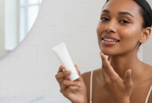 mulher adulta tocando o queixo com acne hormonal ao espelho com expressão esperançosa