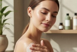 Esfoliacao corporal para renovar a pele mulher aplicando esfoliante