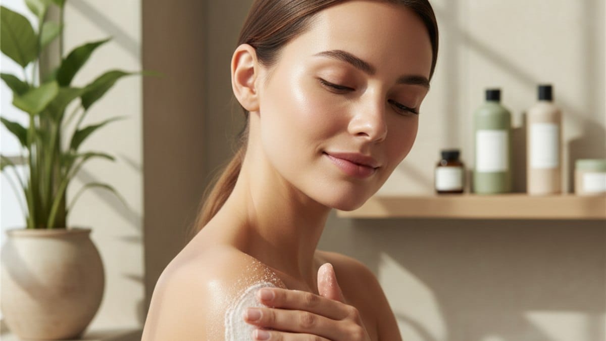 Esfoliação Corporal para Renovar a Pele: 5 Benefícios 1 Esfoliacao corporal para renovar a pele mulher aplicando esfoliante