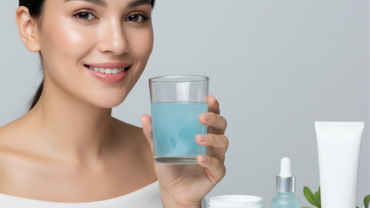 Colágeno para pele: qual tipo escolher, como tomar e quando ver resultado 2 Mulher com pele firme e luminosa segurando copo com colageno dissolvido, rotina de suplementacao