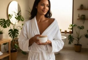 mulher brasileira com roupão branco segurando pote de creme corporal em banheiro iluminado