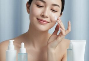 mulher aplicando produtos da rotina K-Beauty com pele iluminada