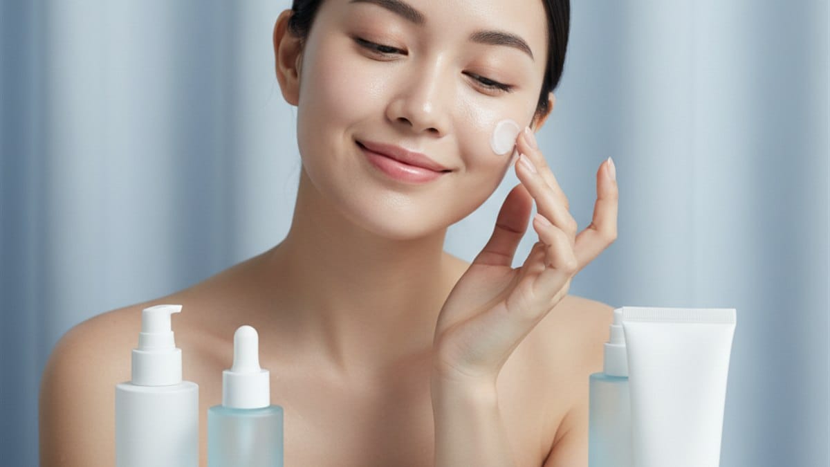 Rotina K-Beauty para Iniciantes: 4 Passos para Glass Skin 1 mulher aplicando produtos da rotina K-Beauty com pele iluminada