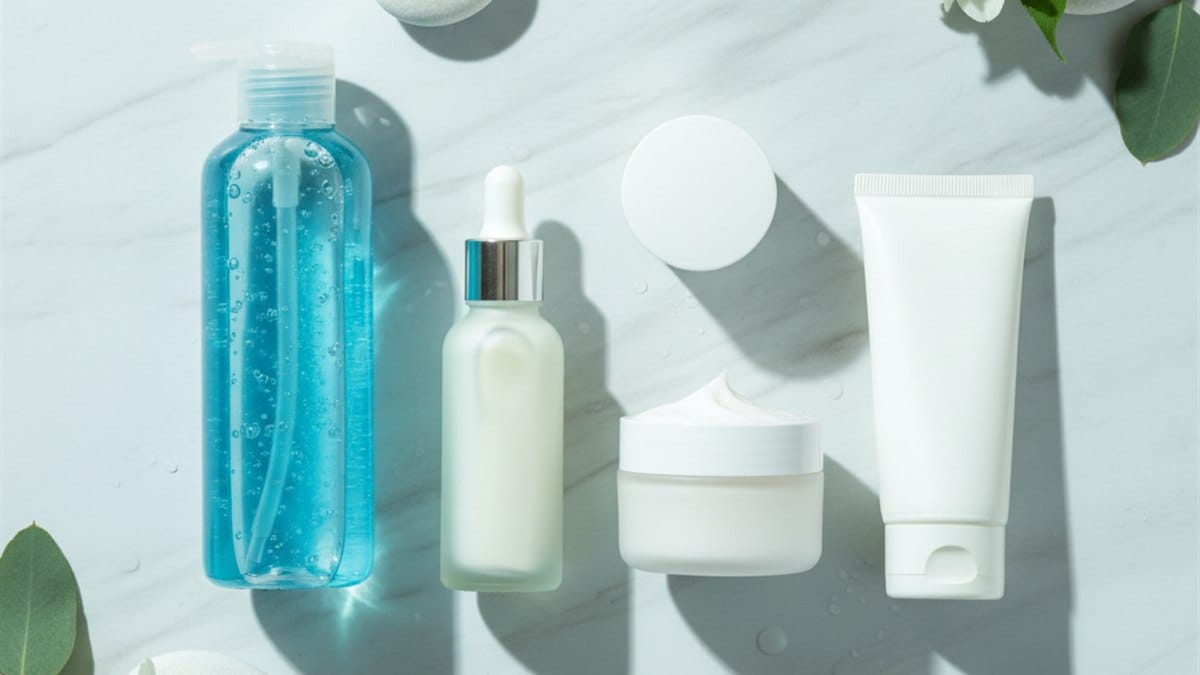 Kit Skincare: O Guia Passo a Passo para uma Pele Radiante 6 Flat lay de kit skincare completo com gel de limpeza, sérum, hidratante e protetor solar