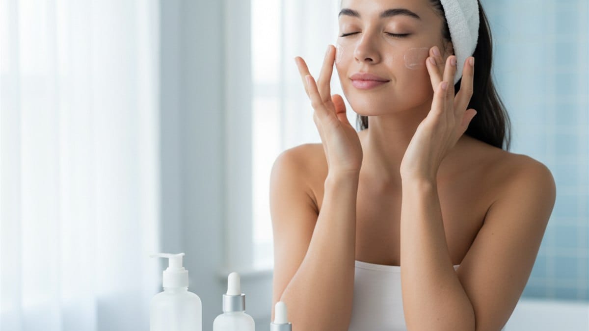 Kit Skincare: O Guia Passo a Passo para uma Pele Radiante 2 Mulher jovem aplicando gel de limpeza facial, primeiros passos da rotina de skincare
