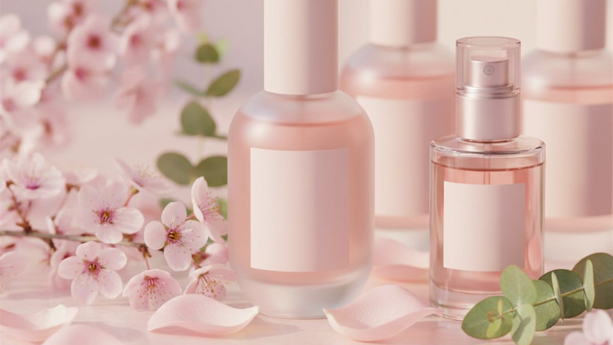 Frascos de perfume feminino dispostos com pétalas de rosa e elementos florais