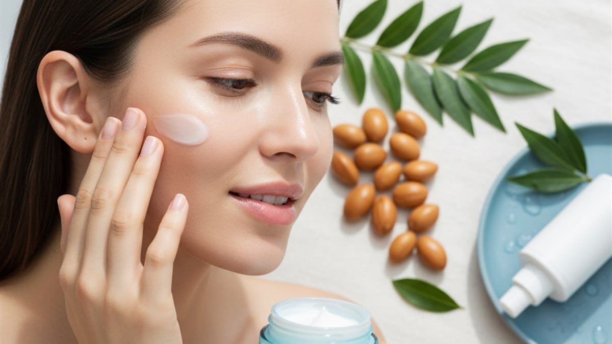 Óleo de argan ou coco: qual é melhor para seu cabelo? 2 Mulher com cabelo brilhante e sedoso, sementes de argan ao fundo, editorial capilar