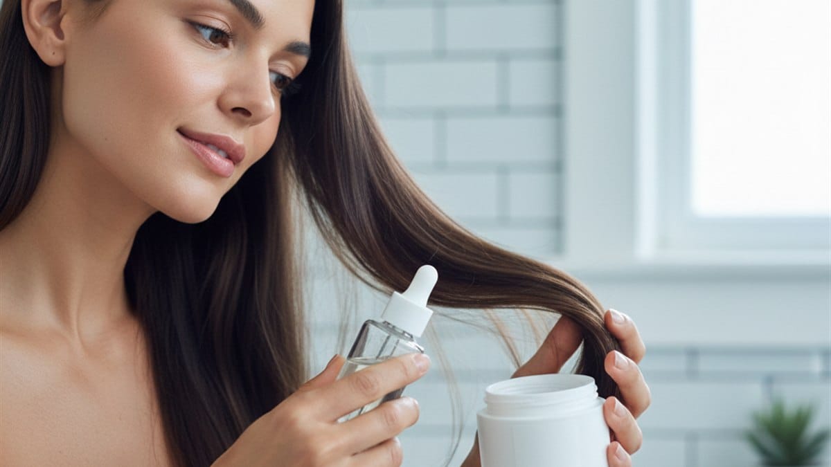Óleo de argan ou coco: qual é melhor para seu cabelo? 5 Mulher aplicando óleo capilar nas pontas do cabelo, luz natural, cuidado capilar em casa