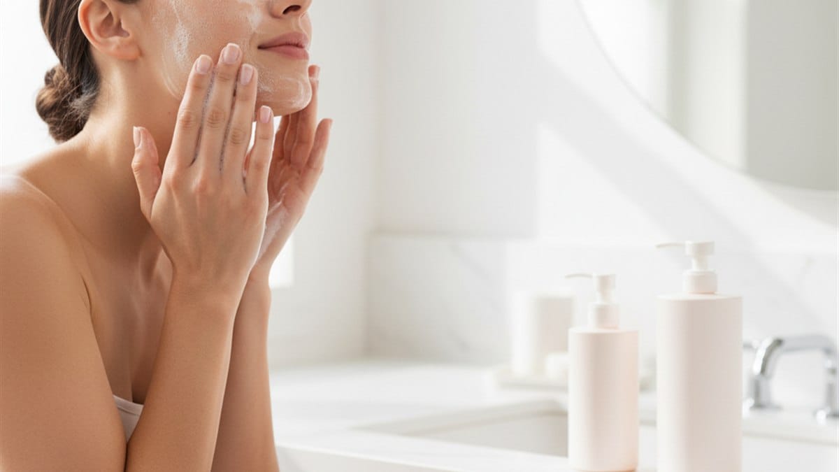 Por que a limpeza facial é o passo mais importante do seu skincare? 5 Mulher lavando o rosto suavemente com sabonete facial, banheiro iluminado com luz natural