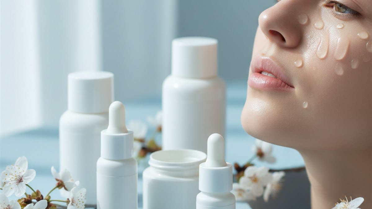 Diferença entre Hidratação e Nutrição Facial: O Guia Definitivo para sua Pele 2 Close-up de pele saudável e viçosa com gotas de sérum, flores brancas e elementos de skincare, luz natural