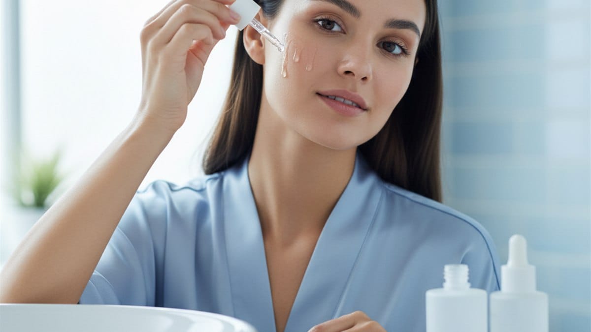 O Guia Definitivo do Sérum Facial: A Ciência da Transformação na Palma da sua Mão 2 Mulher aplicando gotas de sérum facial transparente no rosto, pele iluminada e saudável